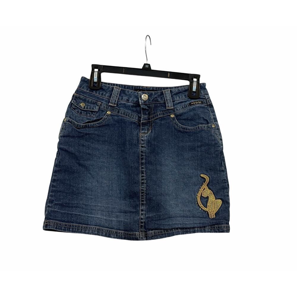 Baby Phat Girls Denim Blue Jean Skirt SZ 16 Gold Logo Y2K Vintage